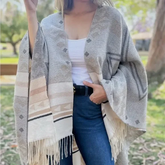Grey Multi Aztec Ruana with Tassel - Picture 1 of 4